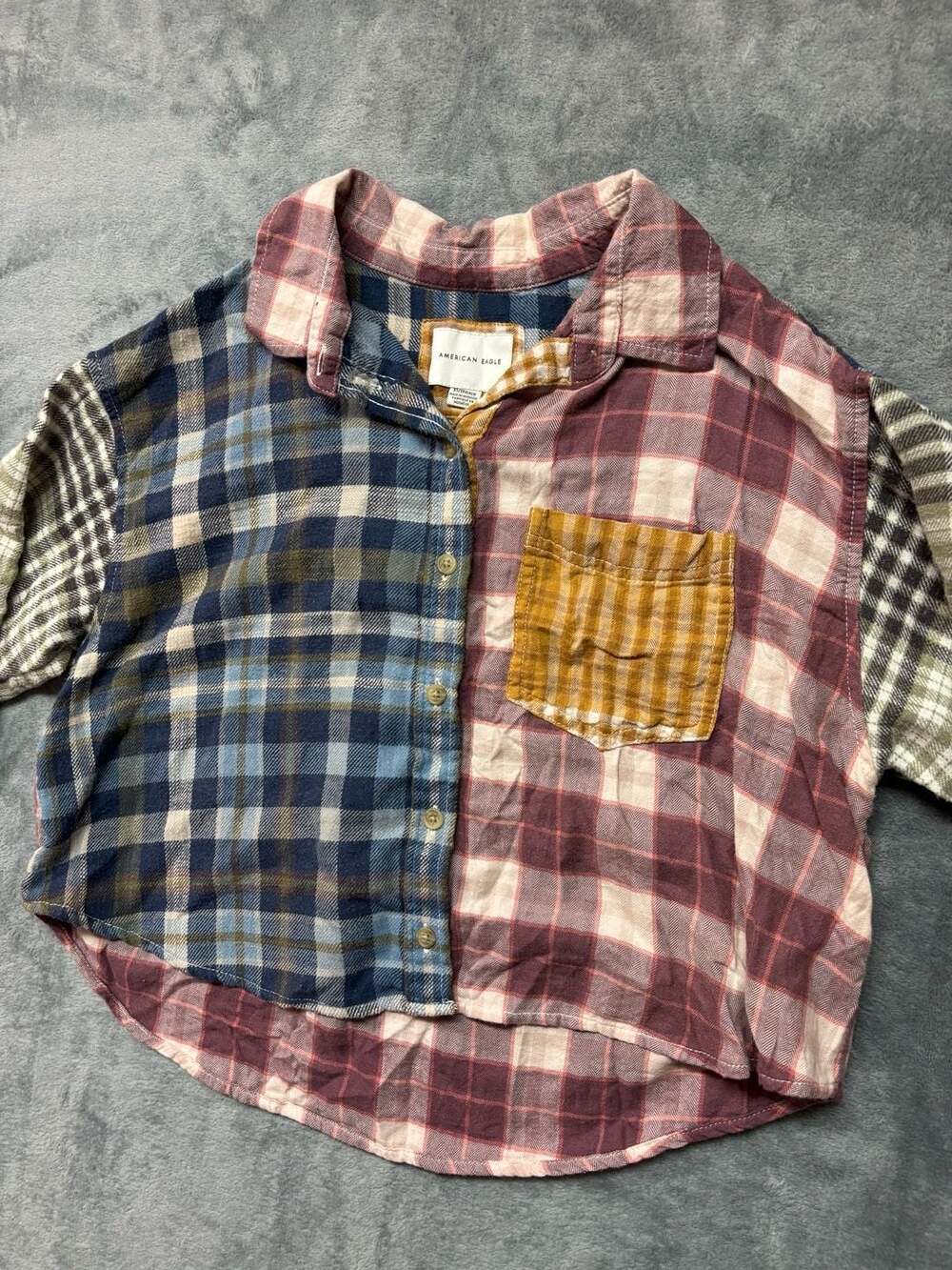 Vintage AE American Eagle Women's Cozy Cabin Cropped Patchwork Plaid Flannel
